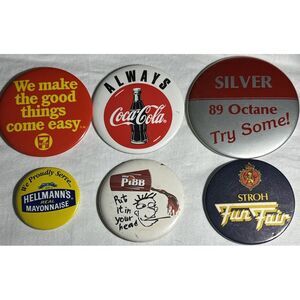6 Pin Button Lot - Coke Coca Cola Strohs 7-11 Mr Pibb Hellmans Gas Variety Size‎